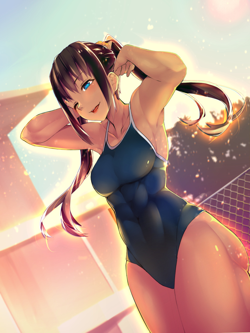 1girl abs armpits arms_up ass bangs black_hair blue_eyes blue_swimsuit blurry blush bonkiru breasts collarbone covered_navel depth_of_field dutch_angle eyebrows_visible_through_hair glowing hand_in_hair highres large_breasts light_particles long_hair one_eye_closed open_mouth original outdoors pool school_swimsuit sidelocks smile solo sunset swimsuit teeth thighs toned twintails wading