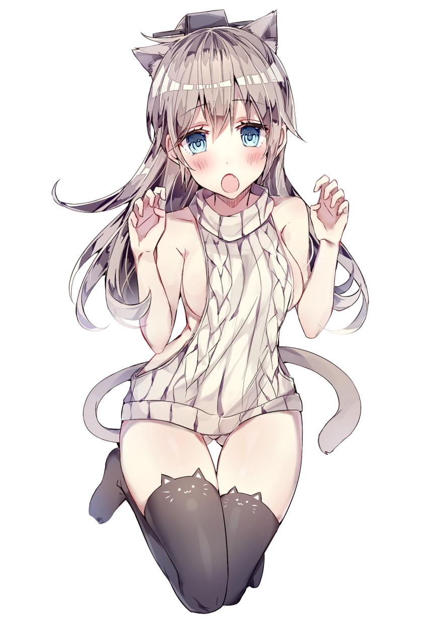 1girl :3 animal_ears black_legwear blue_eyes blush breasts brown_hair cat_ears cat_tail commentary fang hair_ornament highres kantai_collection kemonomimi_mode kneeling kumano_(kantai_collection) kvlen looking_at_viewer medium_breasts no_bra open_mouth solo tail thigh-highs virgin_killer_sweater
