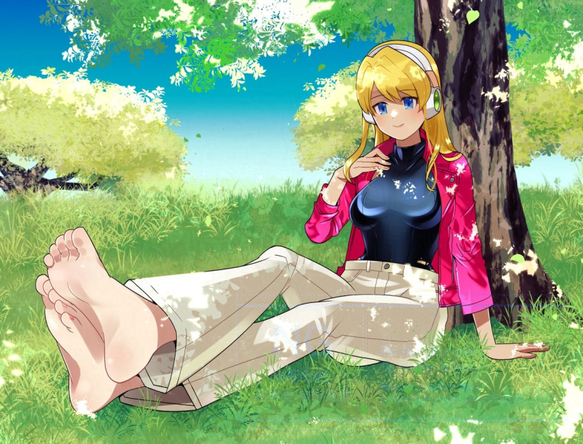 1girl against_tree alia_(mega_man) alternate_costume barefoot black_shirt blonde_hair blue_eyes breasts commission jacket long_hair medium_breasts mega_man_(series) mega_man_x_(series) on_grass open_clothes open_jacket outdoors pants red_jacket rikka_(user_hruv2435) robot_ears shirt sitting skeb_commission solo tree white_pants
