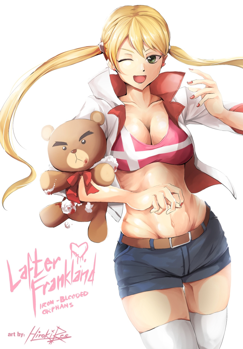 1girl ;d abs artist_name bangs blonde_hair blush breasts character_name cleavage copyright_name denim denim_shorts dutch_angle green_eyes gundam gundam_tekketsu_no_orphans hair_between_eyes heart highres hips hiroki_ree jacket lafter_frankland large_breasts long_hair looking_at_viewer midriff nail_polish one_eye_closed open_clothes open_jacket open_mouth red_nails short_shorts shorts signature simple_background smile solo spoilers stuffed_animal stuffed_toy teddy_bear thigh-highs toned twintails white_background