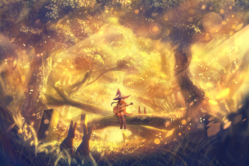 1girl animal dress forest grass hat highres instrument long_hair nature original petals rabbit sakimori_(hououbds) scenery solo thigh-highs tree witch_hat