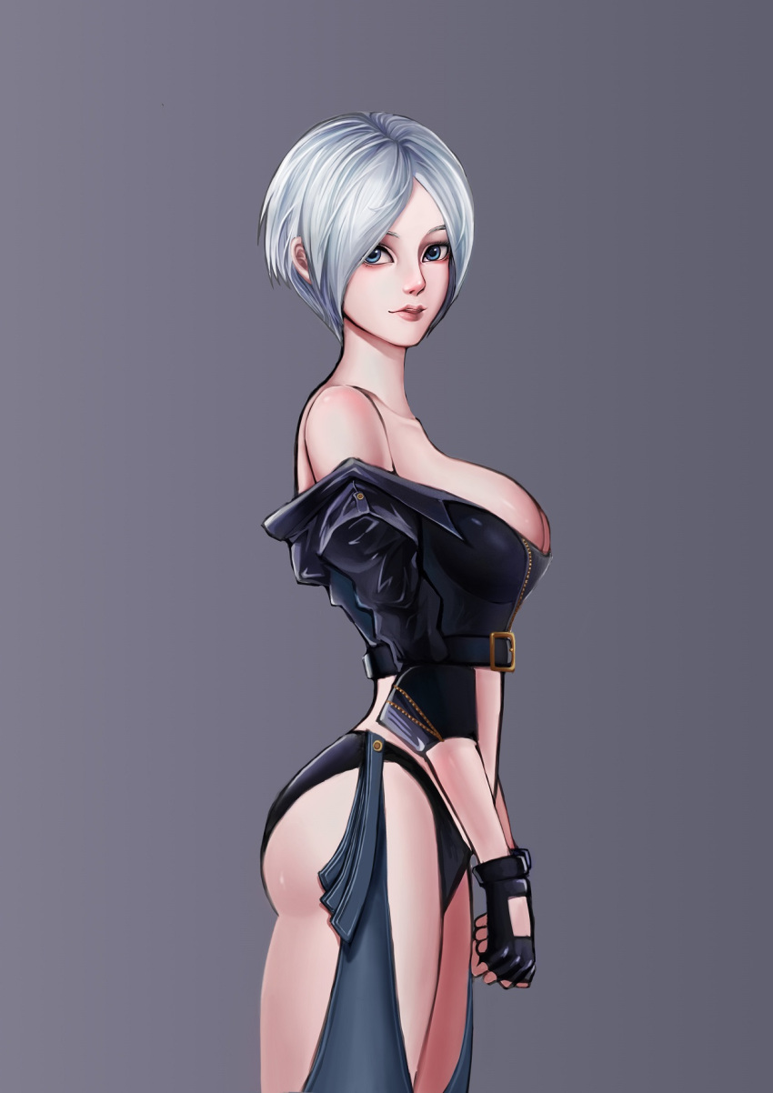 1girl angel_(kof) blue_eyes breasts chaps cropped_jacket fingerless_gloves from_side gloves grey_background hair_over_one_eye highres large_breasts lips midriff nose off_shoulder oroo parted_lips short_hair silver_hair sleeves_pushed_up solo the_king_of_fighters thighs