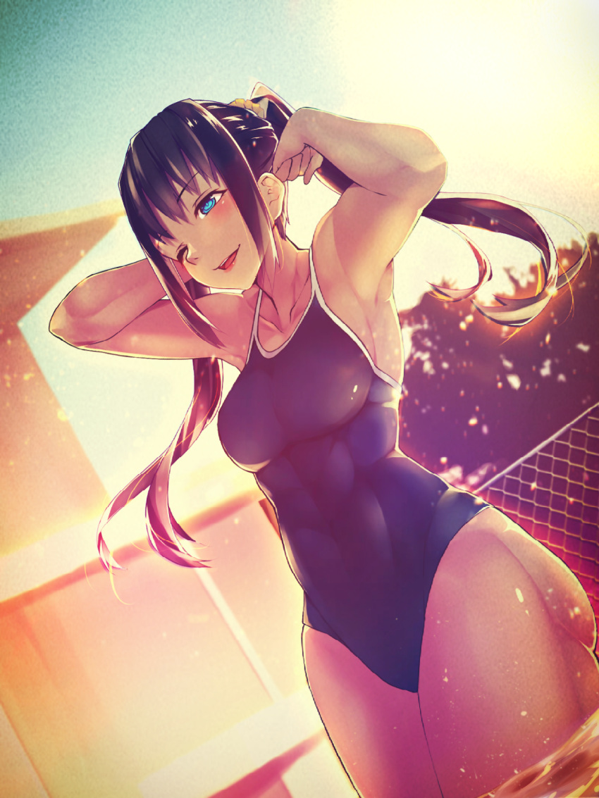 1girl abs armpits arms_up ass bangs black_hair blue_eyes blue_swimsuit blurry blush bonkiru breasts collarbone covered_navel depth_of_field dutch_angle eyebrows_visible_through_hair hand_in_hair highres large_breasts light_particles long_hair one_eye_closed open_mouth original outdoors pool school_swimsuit sidelocks smile solo sunset swimsuit teeth thighs toned twintails wading
