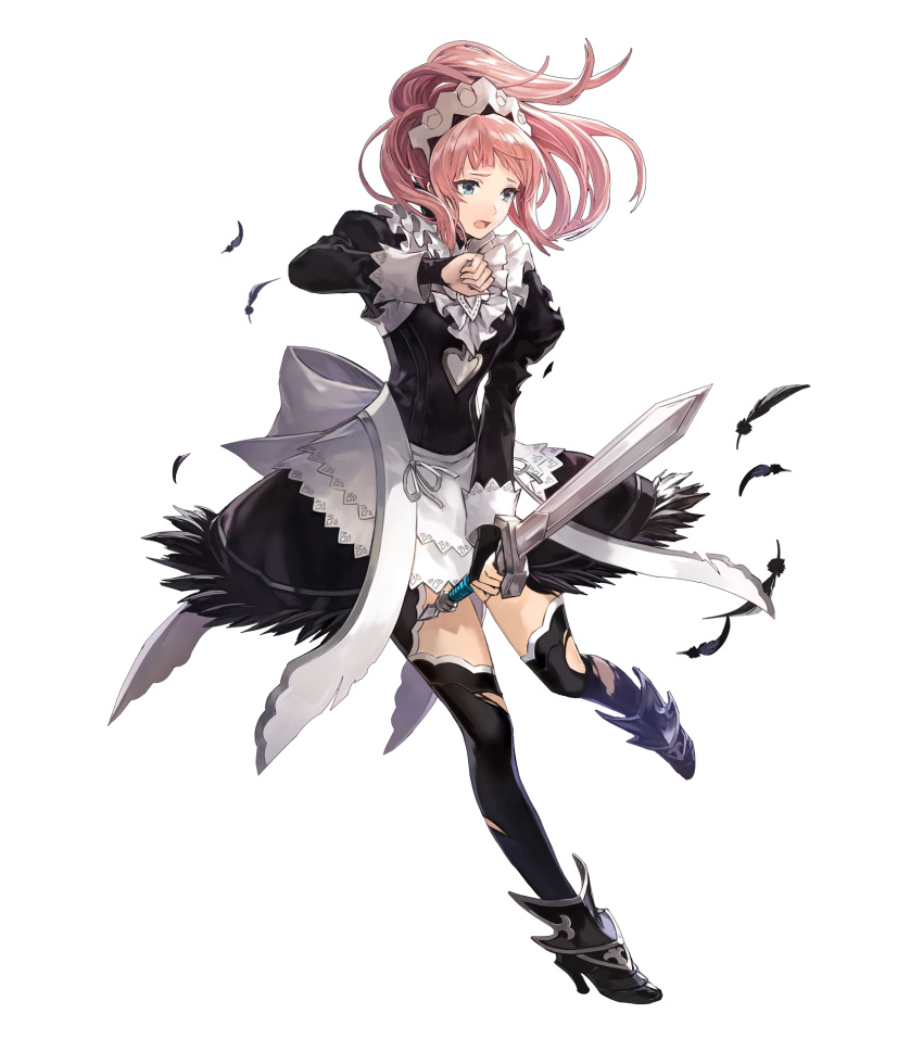 1girl blue_eyes boots detached_sleeves feathers felicia_(fire_emblem_if) fire_emblem fire_emblem_heroes fire_emblem_if full_body hakou_(barasensou) high_heels highres holding holding_weapon juliet_sleeves long_hair long_sleeves maid maid_headdress official_art open_mouth pink_hair ponytail puffy_sleeves ribbon solo thigh-highs torn_clothes transparent_background weapon zettai_ryouiki