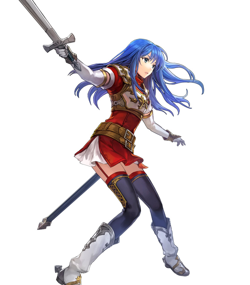 1girl armor belt blue_eyes blue_hair boots breastplate dress elbow_gloves female fire_emblem fire_emblem:_mystery_of_the_emblem fire_emblem_heroes full_body gloves highres holding knee_boots long_hair official_art open_mouth pauldrons sheeda short_dress short_sleeves simple_background skirt solo sword thigh-highs transparent_background weapon zettai_ryouiki