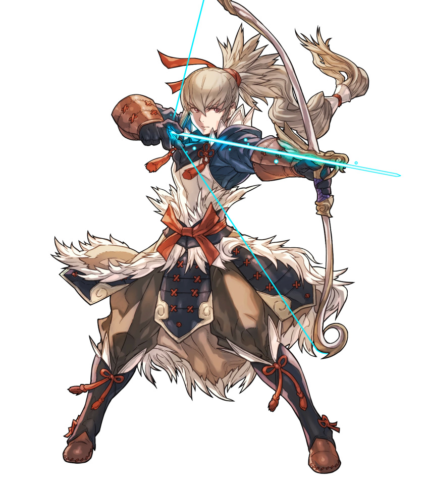 1boy boots bow_(weapon) fire_emblem fire_emblem_heroes fire_emblem_if full_body fur_trim fuujin_yumi gloves grey_hair highres long_hair male_focus official_art orange_eyes ponytail solo takumi_(fire_emblem_if) transparent_background weapon