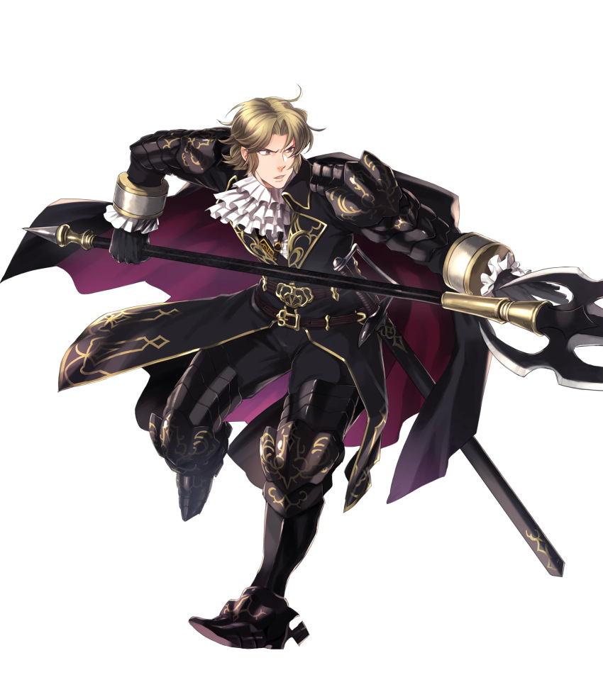 1boy armor armored_boots blonde_hair boots brown_eyes camus fire_emblem fire_emblem:_mystery_of_the_emblem fire_emblem_heroes full_body gloves highres male_focus official_art open_mouth polearm solo spear sword teeth transparent_background weapon