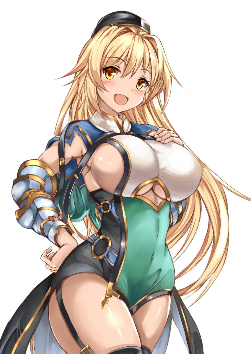 1girl absurdres blonde_hair blush breasts cleavage covered_navel curvy granblue_fantasy hair_between_eyes hat highres large_breasts leotard long_hair looking_at_viewer miimu miimu_(granblue_fantasy) open_mouth sideboob smile solo thick_thighs thigh-highs uchida_shou under_boob vambraces very_long_hair wide_hips yellow_eyes