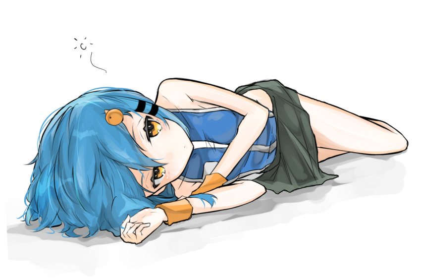 1girl backless_outfit bangs bare_shoulders bird_hair_ornament blue_hair blush breasts closed_mouth collarbone green_skirt guruten11 hair_between_eyes hair_ornament hair_tie hairclip highres looking_at_viewer lying on_floor on_side orange_eyes original porta revealing_clothes short_hair sideboob sidelocks simple_background skirt sleeveless small_breasts solo white_background wristband yellow_eyes