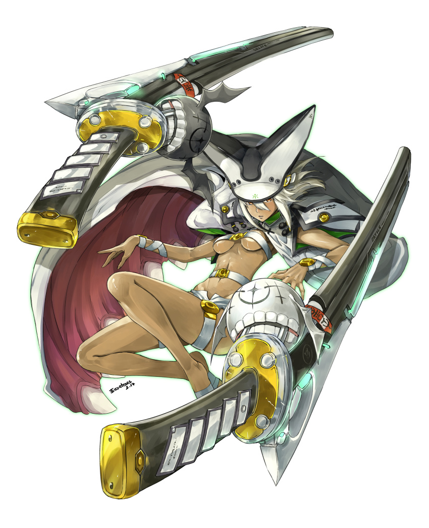 1girl absurdres artist_name bare_legs bat_wings beltbra bent_knees black_hat breasts buckle cape dark_skin dated dual_wielding eudetenis familiar floating_hair flying full_body groin guilty_gear guilty_gear_xrd hair_between_eyes hat highres huge_weapon long_hair looking_at_viewer medium_breasts navel orange_eyes outstretched_arm parted_lips pauldrons ramlethal_valentine ribbon serious shorts signature simple_background solo stomach teeth telekinesis thigh_strap under_boob weapon white_background white_hair white_hat white_shorts wings wrist_ribbon