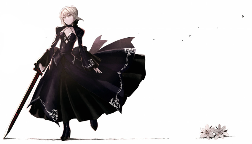 1girl bangs blonde_hair boots braid breasts closed_mouth dark_excalibur expressionless eyebrows_visible_through_hair fate/stay_night fate_(series) full_body fumio_(kanmi) gothic_lolita hair_between_eyes high_heel_boots high_heels holding holding_sword holding_weapon juliet_sleeves lolita_fashion long_sleeves medium_breasts puffy_sleeves saber_(fate) saber_alter sidelocks simple_background solo standing standing_on_one_leg sword weapon white_background white_flower wide_sleeves yellow_eyes
