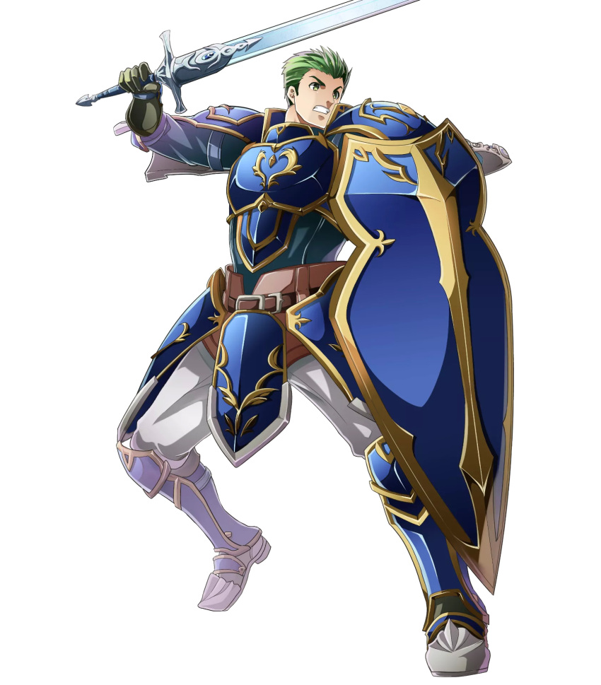 1boy armor armored_boots boots draug_(fire_emblem) fire_emblem fire_emblem:_mystery_of_the_emblem fire_emblem_heroes full_body gloves green_eyes green_hair highres itagaki_hako male_focus official_art shield solo sword teeth transparent_background weapon
