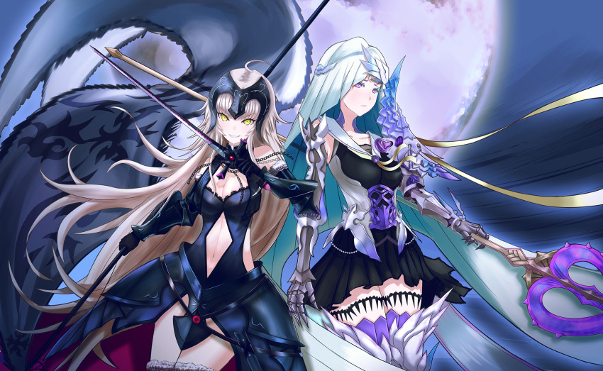 2girls armor blonde_hair breasts chains fate/grand_order fate/prototype fate/prototype:_fragments_of_blue_and_silver fate_(series) highres jeanne_alter lancer_(fate/prototype_fragments) large_breasts long_hair looking_at_viewer multiple_girls navel polearm red_moon_(8632110) ruler_(fate/apocrypha) silver_hair smile spear sword thigh-highs very_long_hair violet_eyes weapon yellow_eyes
