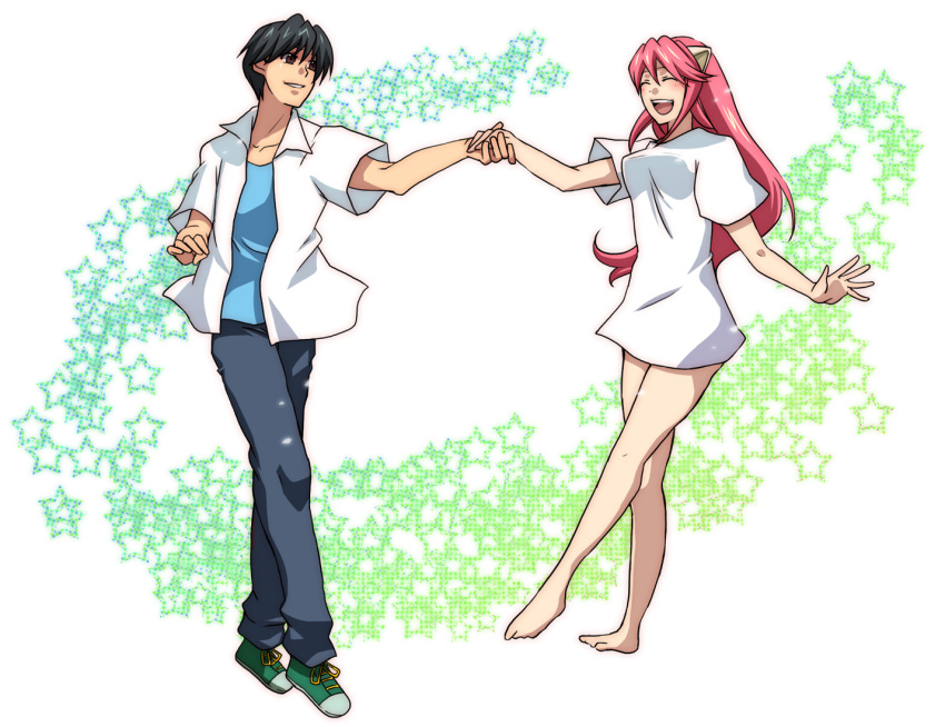 1boy 1girl :d ^_^ artist_request bare_legs barefoot black_hair bottomless brown_eyes closed_eyes elfen_lied full_body hand_holding happy horns kouta long_hair naked_shirt nyuu open_mouth pink_hair shirt short_hair simple_background smile star starry_background t-shirt