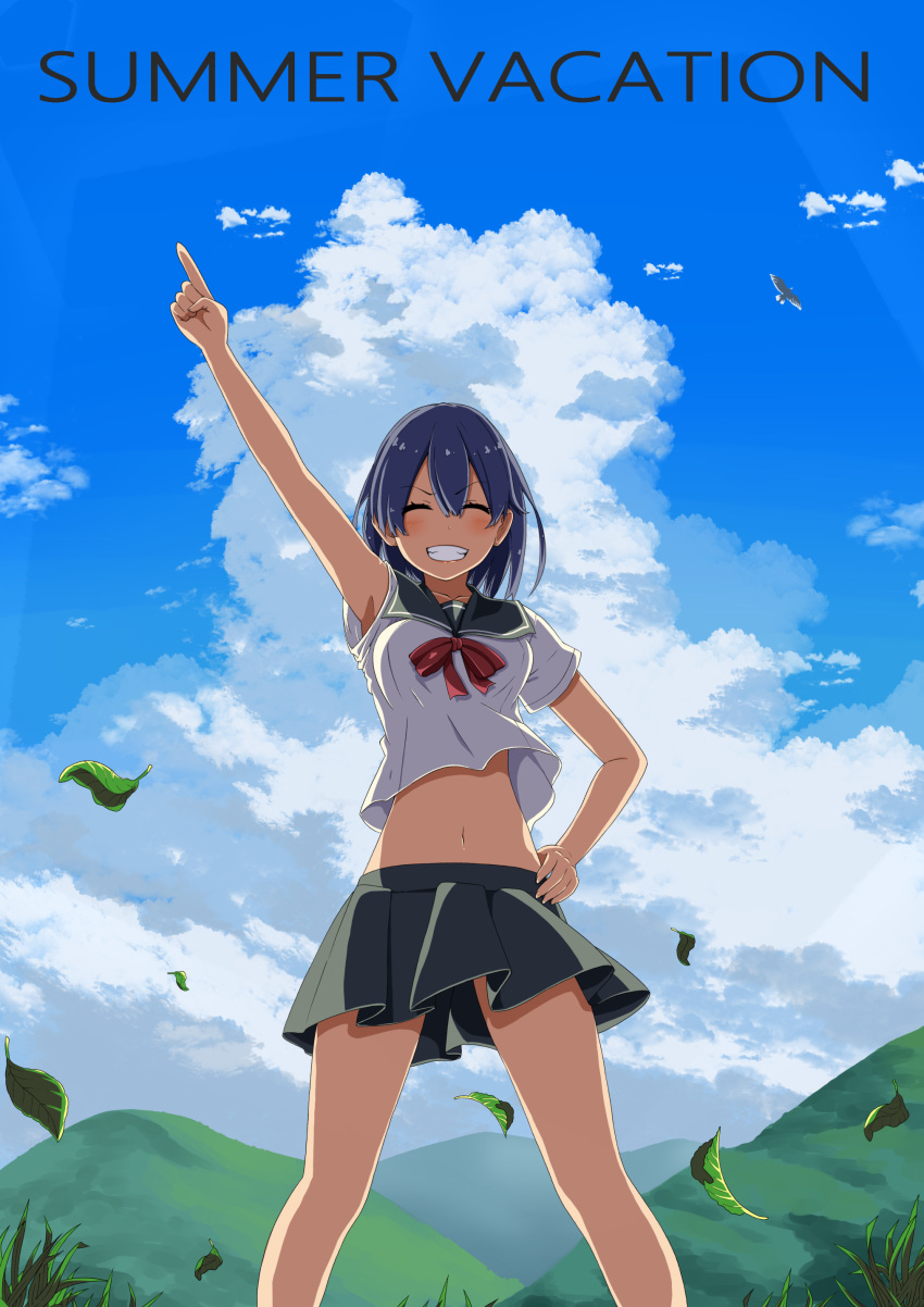 1girl ^_^ absurdres arm_up bird black_hair blue_sky blush bow breasts closed_eyes clouds collarbone coto321 crop_top day english eyebrows_visible_through_hair grass green_skirt grin hair_between_eyes highres hill leaf legs_apart medium_breasts midriff navel original outdoors pleated_skirt pointing pointing_up red_bow school_uniform serafuku short_hair short_sleeves skirt sky smile solo standing stomach summer