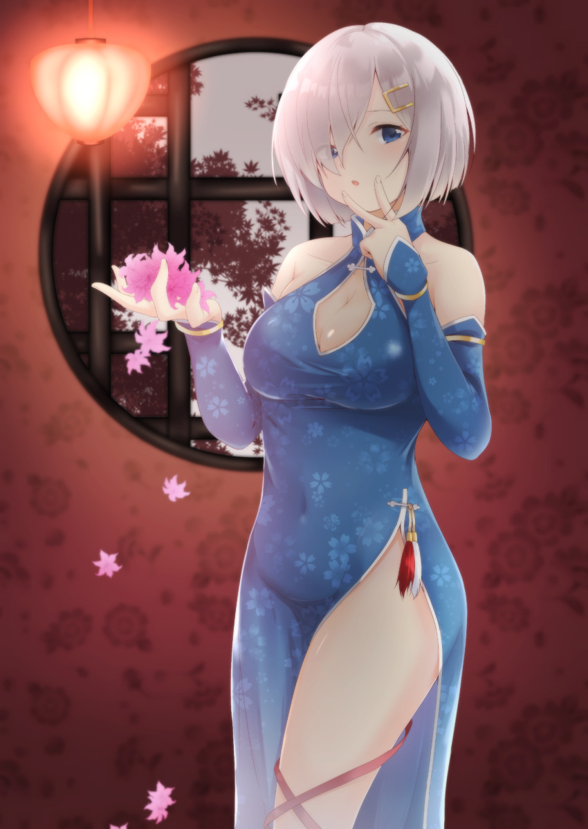 1girl alternate_costume bare_shoulders blue_dress blue_eyes breasts china_dress chinese_clothes collarbone covered_navel cowboy_shot detached_sleeves dress enatsu eyes_visible_through_hair floral_print flower hair_ornament hair_over_one_eye hairclip halterneck hamakaze_(kantai_collection) highres kantai_collection large_breasts looking_at_viewer open_mouth side_slit silver_hair solo