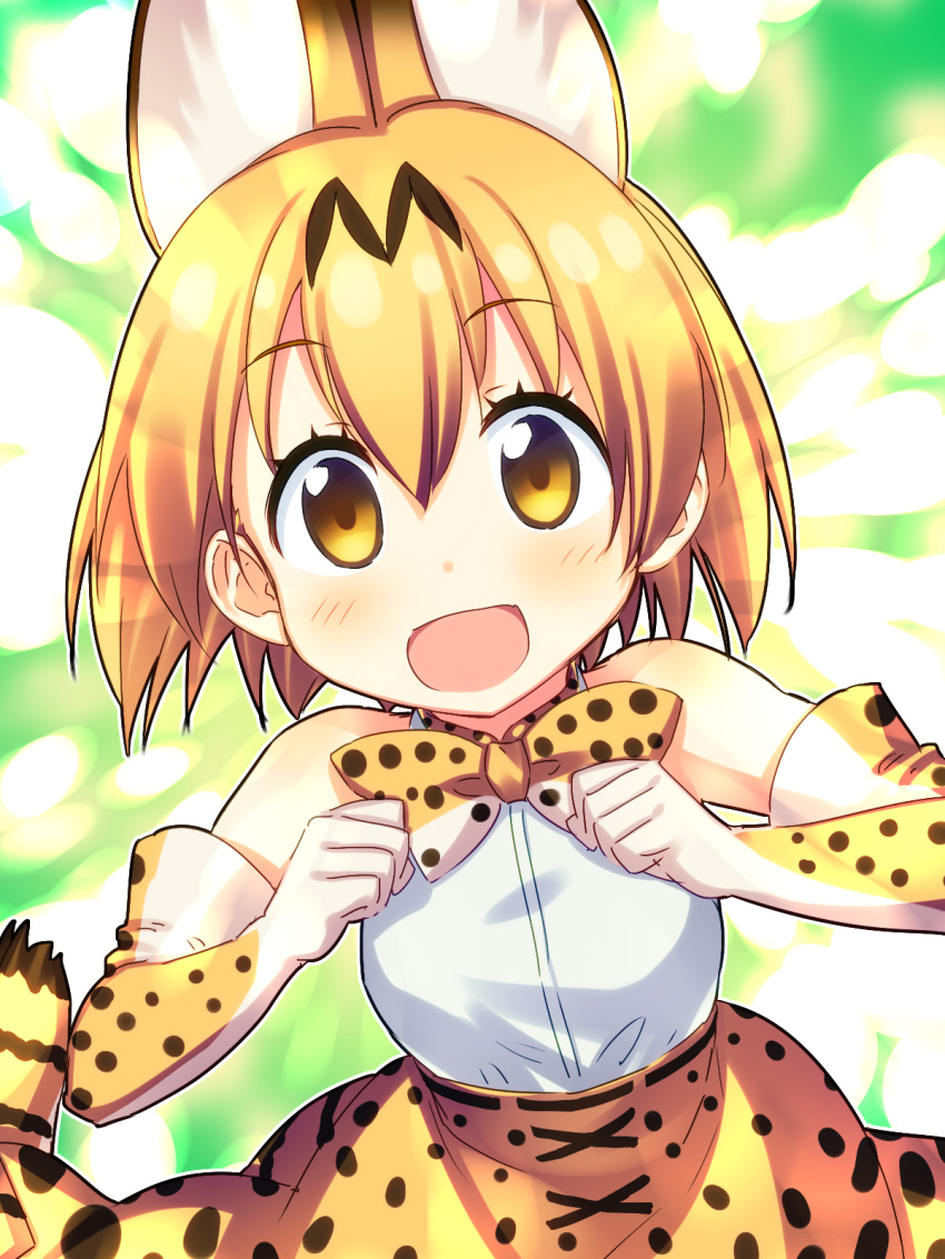 1girl :d animal_ears bangs bare_shoulders blonde_hair blush bow bowtie cat_ears cat_tail elbow_gloves eyelashes gloves green_background hair_between_eyes highres kemono_friends looking_at_viewer open_mouth print_bow print_skirt serval serval_(kemono_friends) short_hair skirt sleeveless smile solo tail yellow_bow yellow_bowtie yellow_eyes yellow_skirt yuuki_keisuke