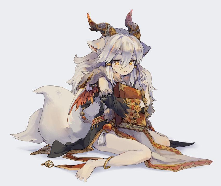 1girl animal_ears anklet bare_legs barefoot blush book brown_eyes detached_sleeves einri hair_tubes hair_twirling highres horns ilmina_(p&amp;d) jewelry multiple_tails puzzle_&amp;_dragons sitting tail wariza white_hair