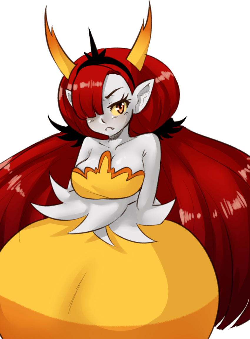 1girl :&lt; bare_shoulders breasts cleavage crossed_arms dress fangs frown grey_skin hair_over_one_eye hairband hekapoo highres horns large_breasts long_hair okamaka pointy_ears red_eyes redhead solo star_vs_the_forces_of_evil strapless strapless_dress twintails very_long_hair yellow_dress yellow_sclera