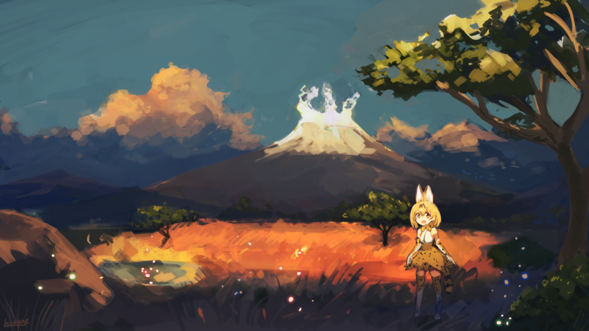 1girl animal_ears blonde_hair blue_sky clouds commentary_request dress elbow_gloves fox_ears full_body gloves kemono_friends lansane mountain open_mouth outdoors rock serval_(kemono_friends) sky sleeveless sleeveless_dress smile smoke solo standing thigh-highs tree volcano yellow_eyes