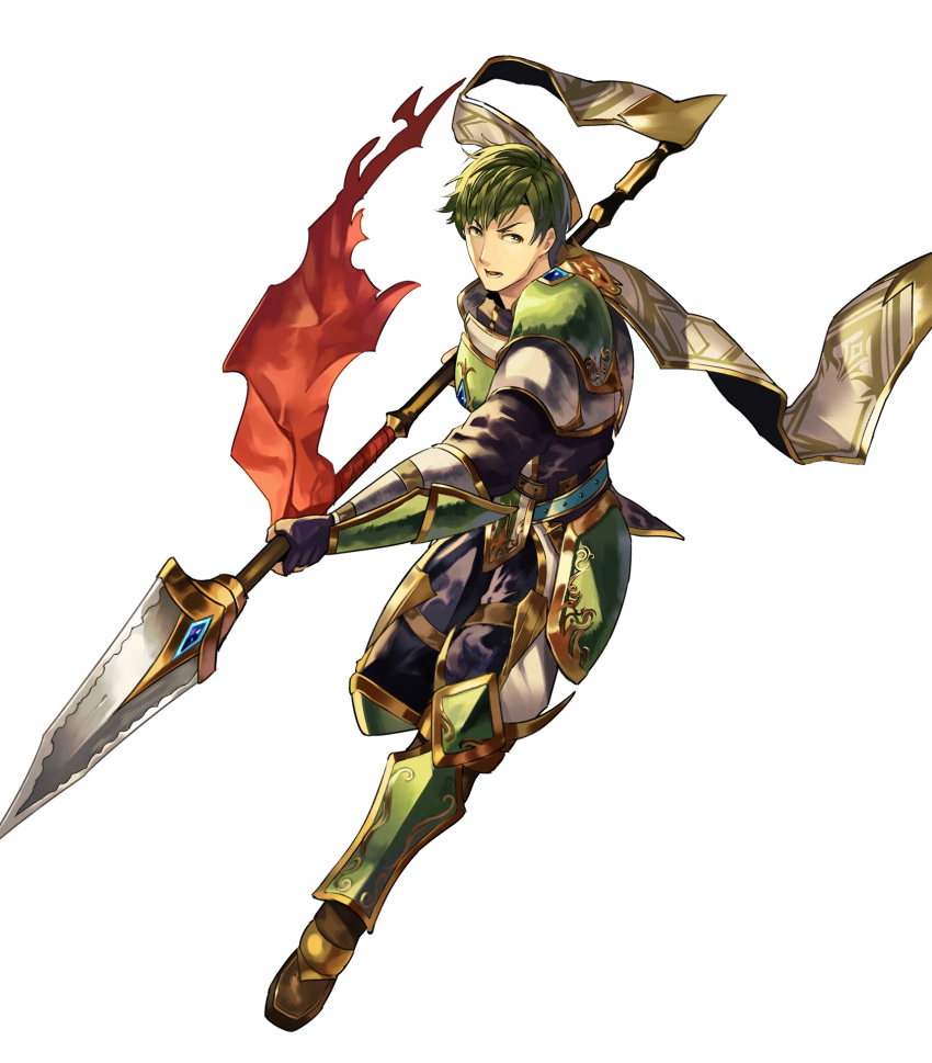 1boy abel_(fire_emblem) armor boots fingerless_gloves fire_emblem fire_emblem:_mystery_of_the_emblem fire_emblem_heroes full_body gloves green_eyes green_hair highres male_focus official_art open_mouth polearm solo spear teeth transparent_background weapon