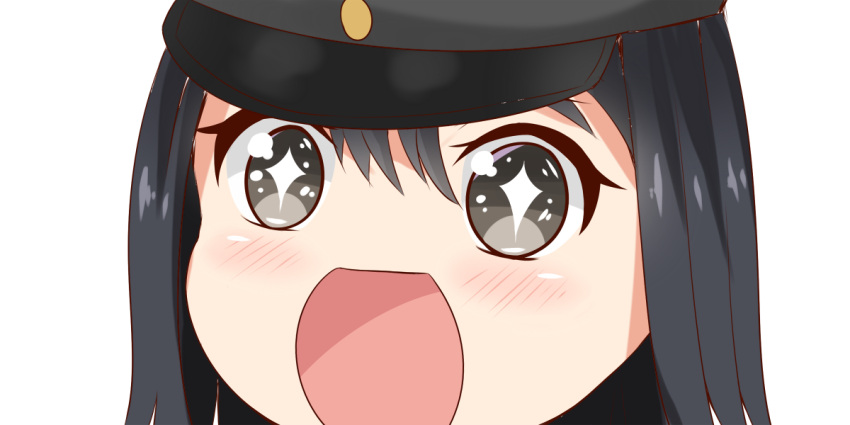 +_+ 1girl akitsu_maru_(kantai_collection) black_eyes black_hair black_hat close-up hat kantai_collection looking_at_viewer no_nose open_mouth peaked_cap short_hair simple_background sin-poi solo sparkling_eyes symbol-shaped_pupils white_background