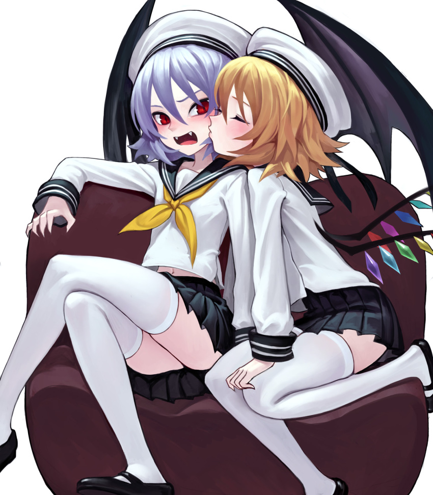 2girls alternate_costume ascot bat_wings black_shoes black_skirt blonde_hair blouse blush cheek_kiss fangs fkey flandre_scarlet hat highres kiss lavender_hair legs_crossed long_sleeves mary_janes miniskirt multiple_girls navel pleated_skirt red_eyes remilia_scarlet santa_hat school_uniform serafuku shoes simple_background skirt thigh-highs touhou upskirt white_background white_blouse white_legwear wings yuri