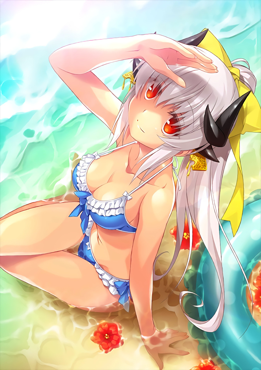 1girl absurdres arm_support bikini blue_bikini bow breasts cleavage collarbone eyebrows_visible_through_hair fate/grand_order fate_(series) flower frilled_bikini frills from_above hair_bow hibiscus highres horn kiyohime_(fate/grand_order) kiyohime_(swimsuit_lancer)_(fate) long_hair multiple_girls navel official_art partially_submerged red_eyes red_flower silver_hair sitting solo swimsuit yellow_bow