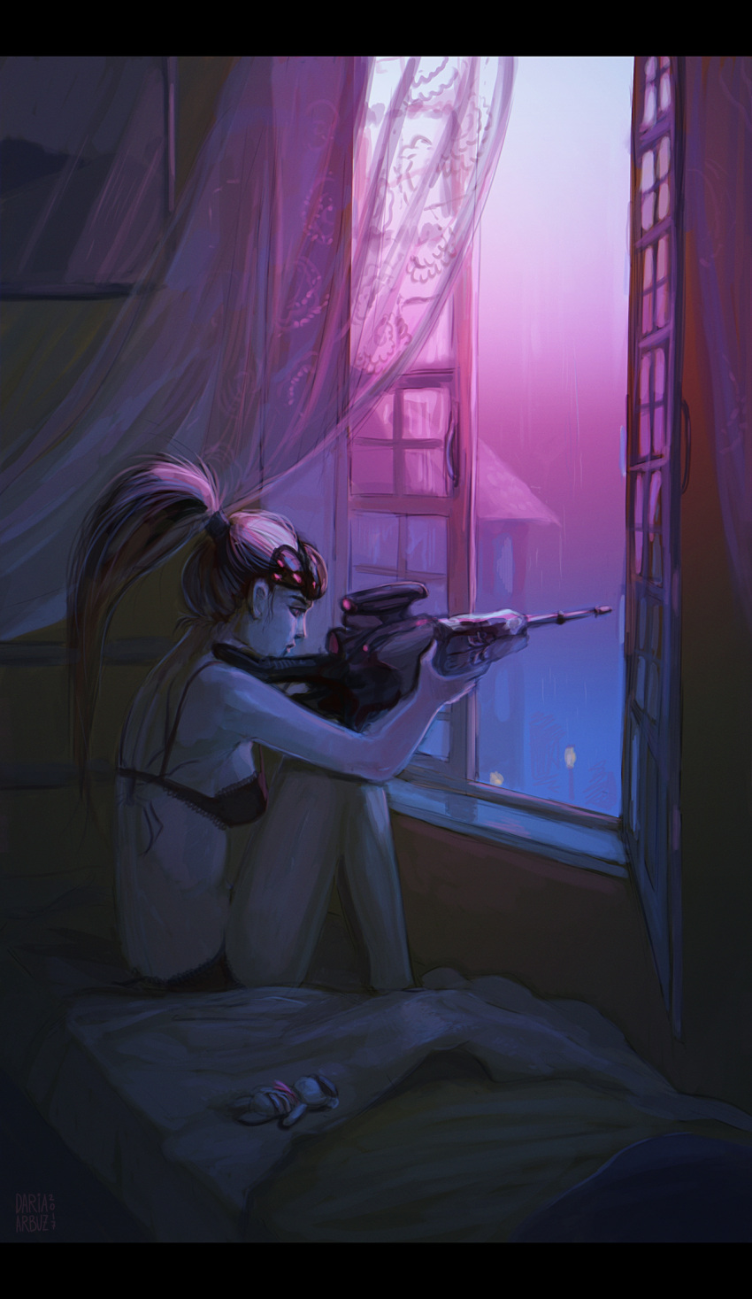 1girl 2017 aiming artist_name bed_sheet black_bra black_panties bra curtains daria_arbuz from_side gun head_mounted_display highres holding holding_gun holding_weapon indoors long_hair looking_out_window on_bed open_window overwatch panties ponytail profile purple_hair purple_skin rifle scope sitting sniper sniper_rifle solo spider_tattoo tattoo toy underwear underwear_only weapon widowmaker_(overwatch) window