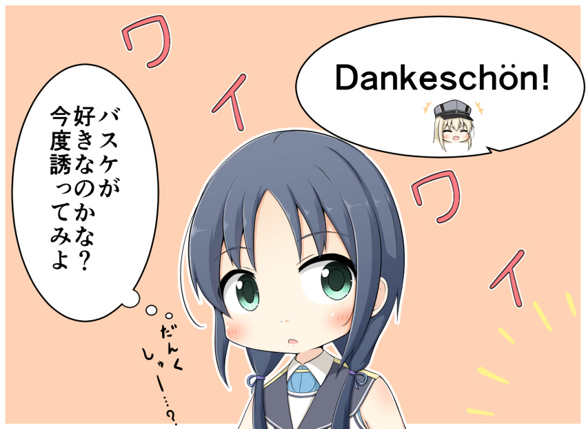 &gt;:d +++ 1girl 1koma :d bangs bismarck_(kantai_collection) black_hair blonde_hair blush comic commentary dress eyebrows_visible_through_hair german goma_(yoku_yatta_hou_jane) green_eyes hair_tie hat kantai_collection long_hair low_twintails open_mouth parted_bangs school_uniform sidelocks simple_background sleeveless sleeveless_dress smile solo suzukaze_(kantai_collection) twintails you're_doing_it_wrong