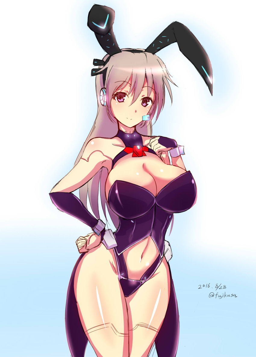 1girl android animal_ears bare_shoulders breasts bunny_girl bunnysuit coattails dated fujikusa grey_hair hand_on_hip headset highres large_breasts navel original rabbit_ears smile solo wide_hips wrist_cuffs