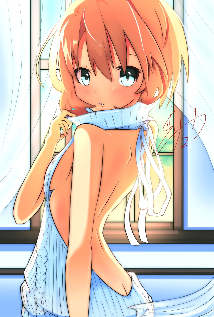 1girl backless_outfit bare_back blanc blue_eyes blush brown_hair choujigen_game_neptune dress female female_only highres looking_at_viewer neptune_(series) no_bra no_panties no_underwear open-back_dress ribbed_sweater ryuu_(pikagomi) short_hair solo sweater turtleneck turtleneck_sweater virgin_killer_sweater