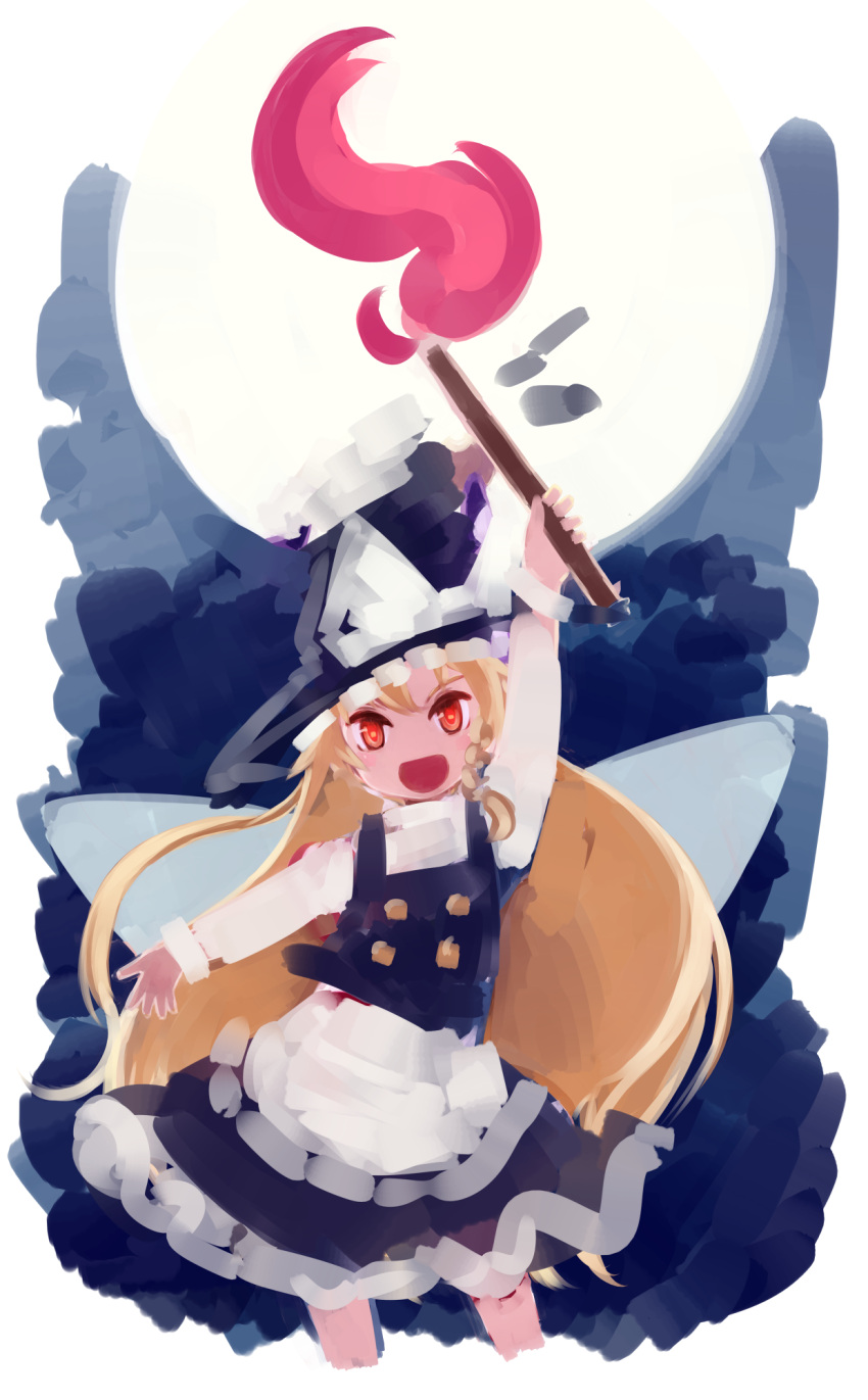 1girl black_skirt blonde_hair bow clownpiece cosplay cowboy_shot full_moon hat hat_bow highres jester_cap kirisame_marisa kirisame_marisa_(cosplay) long_hair long_sleeves looking_at_viewer moon neck_ruff open_mouth red_eyes sakana_(packetsjp) skirt smile torch touhou very_long_hair witch_hat