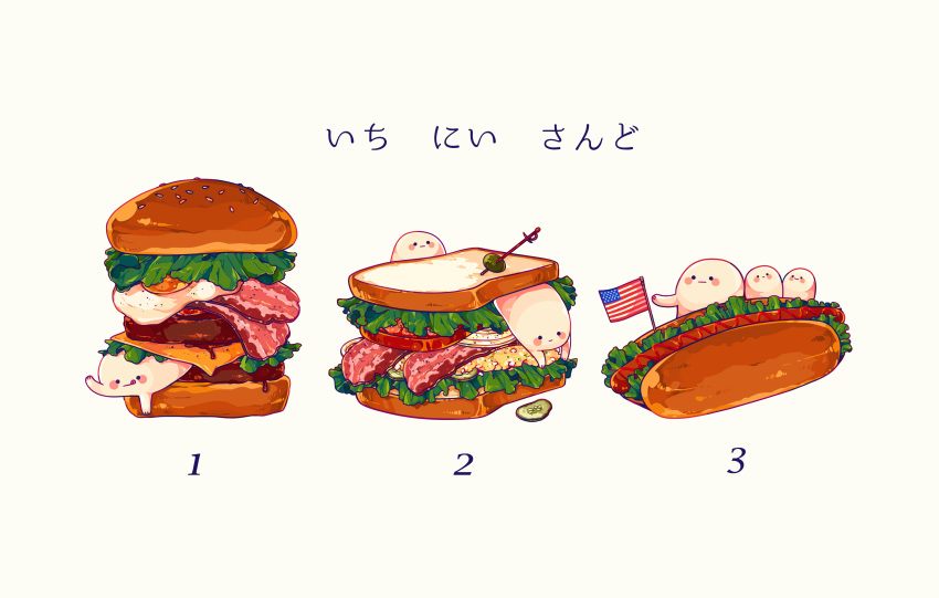 :q absurdres american_flag bacon blush_stickers bread cheese closed_mouth commentary_request creature expressionless food hamburger highres hot_dog ketchup lettuce mini_flag mop_(shirokumaiceumaiyo) no_humans number olive original pickle sandwich solid_circle_eyes sunny_side_up_egg tomato tongue tongue_out translated white_background