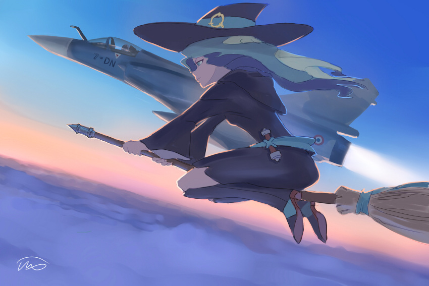 1girl afterburner aircraft airplane aqua_eyes aqua_hair boots broom broom_riding clouds diana_cavendish dutch_angle fighter_jet fighterman flying hat highres jet little_witch_academia long_hair military military_vehicle mirage2000 pilot profile school_uniform sky solo wind witch witch_hat