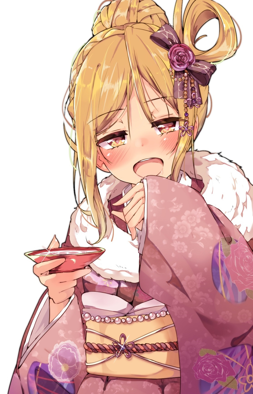 1girl alcohol blonde_hair blush bow braid covering_mouth crown_braid cup drunk flower fur-trimmed_kimono fur_trim hair_bow hair_bun hair_flower hair_ornament hair_rings hair_up half-closed_eyes highres japanese_clothes kimono looking_at_viewer love_live! love_live!_sunshine!! obi ohara_mari open_mouth popii_(yuuta679) sakazuki sash sidelocks simple_background solo sparkle upper_body white_background wide_sleeves yellow_eyes