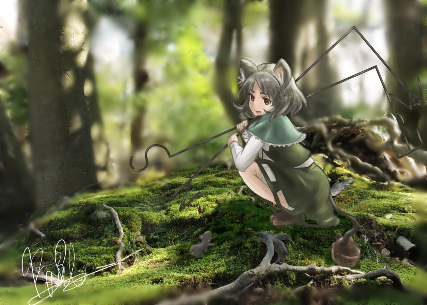 1girl animal animal_ears basket blurry capelet carrying_over_shoulder depth_of_field dowsing_rod forest from_side green_skirt green_vest grey_hair highres holding long_sleeves moss mouse mouse_ears mouse_tail nature nazrin nazrin_(touhou) outdoors photo_background red_eyes shiguro shirt short_hair signature skirt skirt_set tail touhou tree vest white_shirt