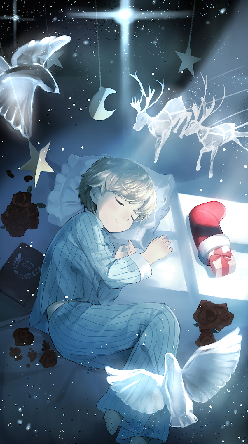 1boy absurdres bird book brown_hair christmas christmas_stocking closed_eyes cocolo_(co_co_lo) gift highres male_focus original pajamas pillow reindeer sleeping smile