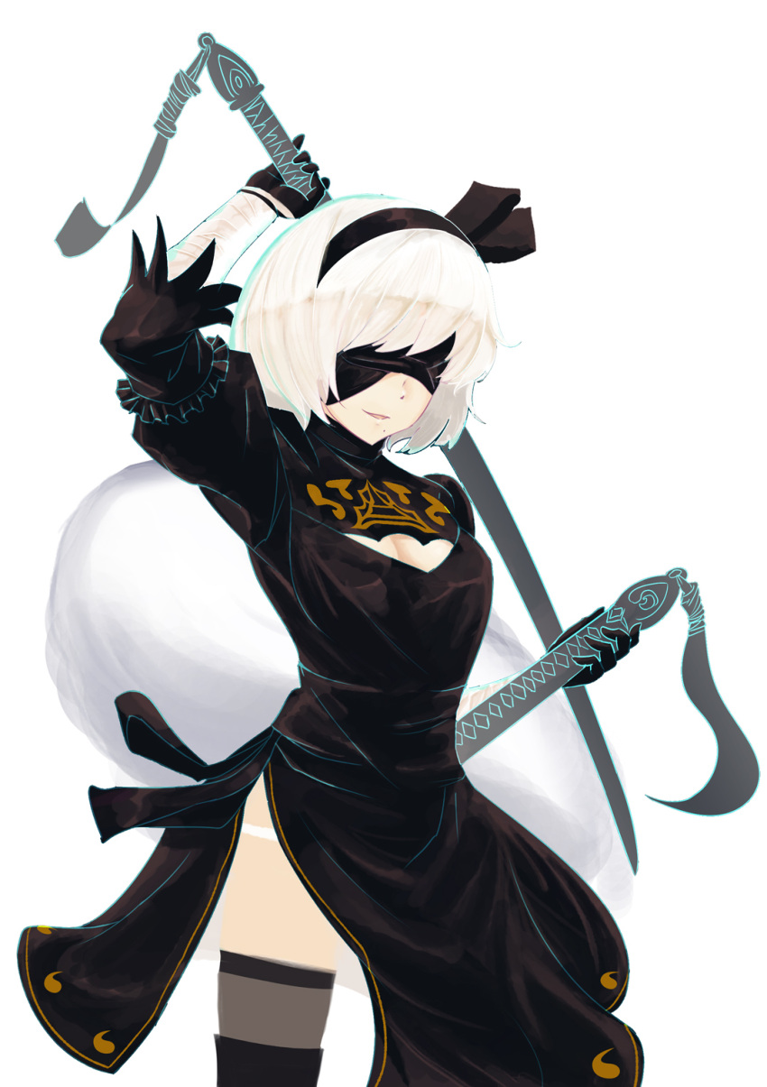 1girl black_dress black_gloves black_legwear blindfold breasts cleavage cleavage_cutout cosplay dress dual_wielding esan gloves hairband highres hitodama katana konpaku_youmu konpaku_youmu_(ghost) look-alike mole mole_under_mouth nier_(series) nier_automata panties pantyshot short_hair solo sword touhou underwear weapon white_hair yorha_no._2_type_b yorha_no._2_type_b_(cosplay)