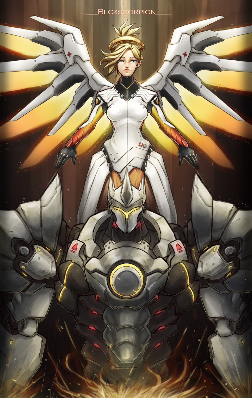 1boy 1girl absurdres armor artist_name blckscorpion blonde_hair blue_eyes bodysuit breasts brown_background brown_legwear cowboy_shot faulds full_armor glowing glowing_wings high_ponytail highres lips looking_at_viewer mechanical_halo mechanical_wings medium_breasts mercy_(overwatch) nose overwatch pauldrons reinhardt_(overwatch) signature spread_wings striped swiss_flag vertical-striped_background vertical_stripes weapon wings yellow_wings