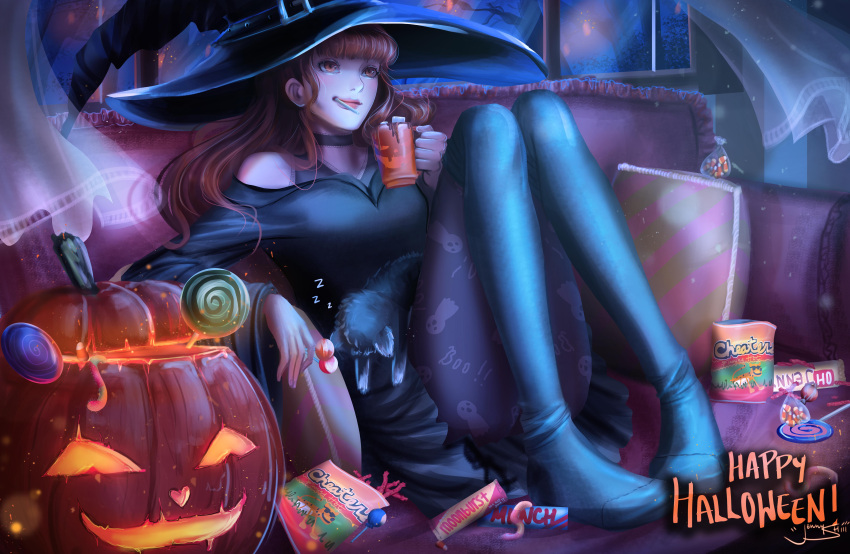 1girl absurdres bag black_dress boots brown_eyes brown_hair candy cat choker cup curtains dress food food_in_mouth happy_halloween hat heart highres jack-o'-lantern jenny_mun knee_boots lips lollipop mug night original pantyhose pillow signature sitting solo window witch_hat zzz