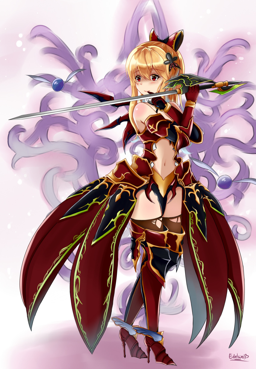 1girl absurdres armor bangs belt blonde_hair bow commentary_request elbow_gloves finger_in_mouth gauntlets gloves granblue_fantasy hair_bow hair_ornament highres holding holding_weapon long_hair lyte ponytail red_armor red_eyes scabbard sheath solo sword thigh-highs vira weapon