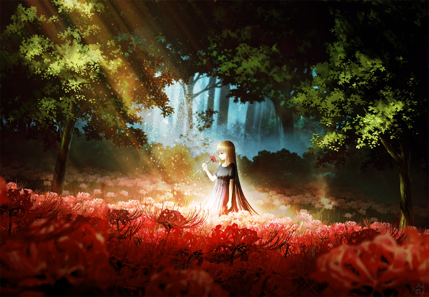 1girl blonde_hair dress flower forest light_rays long_hair nature original petals red_flower signature solo spider_lily technoheart tree
