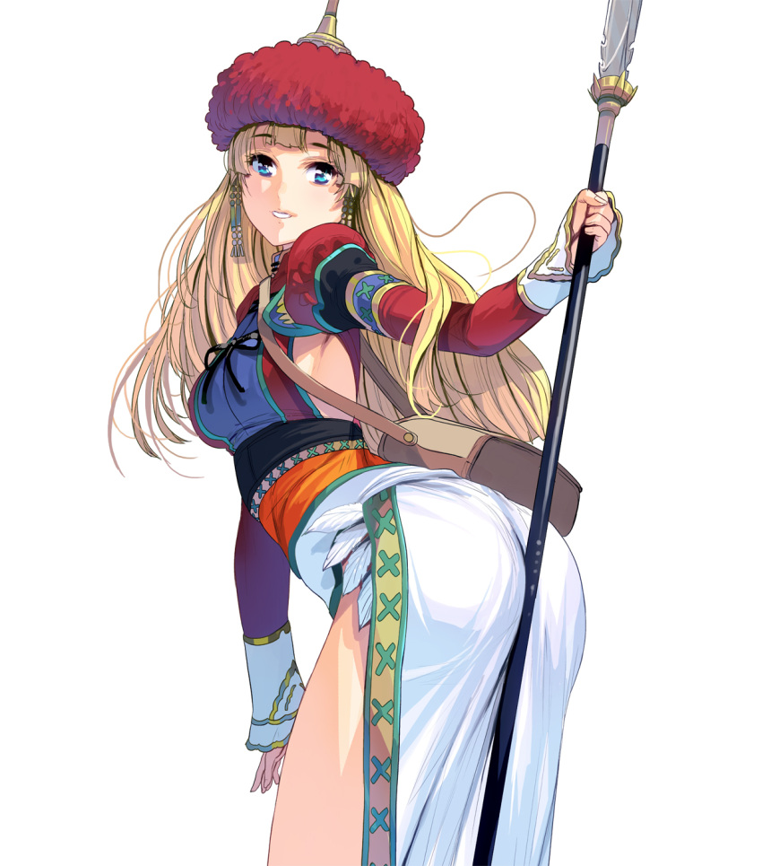 1girl ass bangs between_buttocks blonde_hair blue_eyes breasts eyebrows from_behind hair_ornament highres long_hair long_skirt long_sleeves masao medium_breasts original polearm puffy_long_sleeves puffy_sleeves side_slit skirt solo spear traditional_clothes weapon