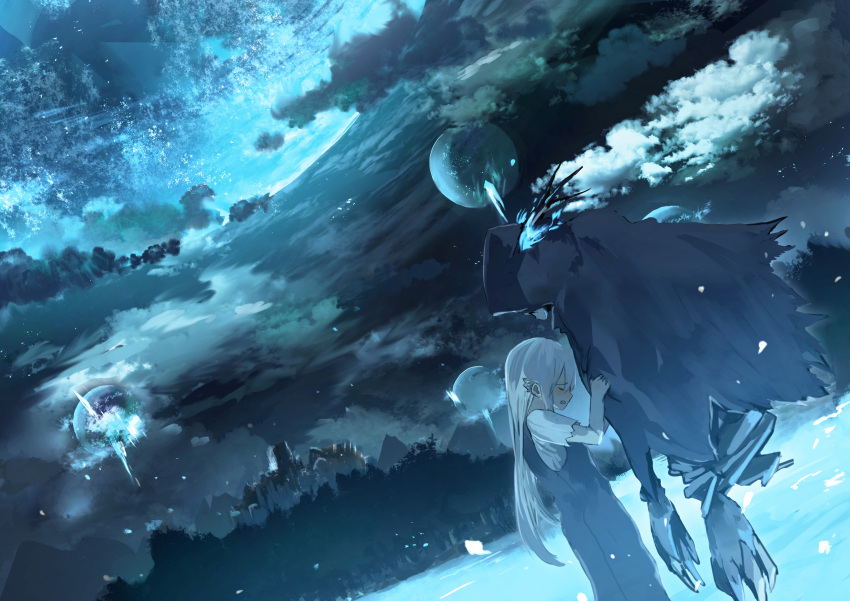 1girl absurdres bangs blush closed_eyes clouds crying dutch_angle eyebrows_visible_through_hair full_moon ghoul highres kumamoto_nomii-kun long_hair moon night night_sky open_mouth original outdoors sky solo white_hair