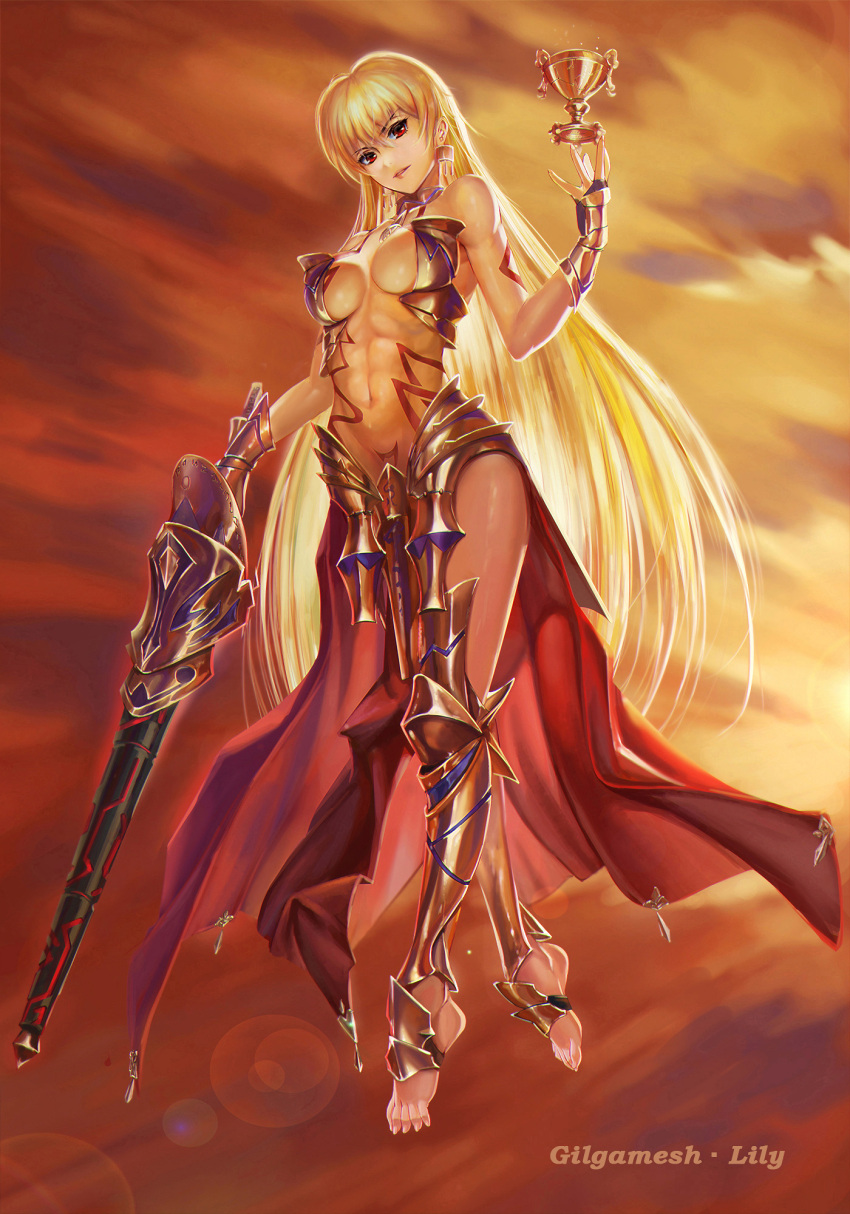1girl abs adapted_costume arm_at_side armor bare_shoulders barefoot bikini_armor blonde_hair bodypaint breastplate breasts center_opening character_name clouds cloudy_sky ea_(fate/stay_night) earrings eyebrows_visible_through_hair fate/zero fate_(series) faulds floating from_below full_body genderswap genderswap_(mtf) gilgamesh goblet highres holding holding_weapon jewelry leg_armor lens_flare long_hair looking_at_viewer looking_down medium_breasts midair necklace outdoors parted_lips pendant plantar_flexion red_eyes red_lips red_skirt skirt sky solo stomach sword toenails ushas vambraces very_long_hair weapon