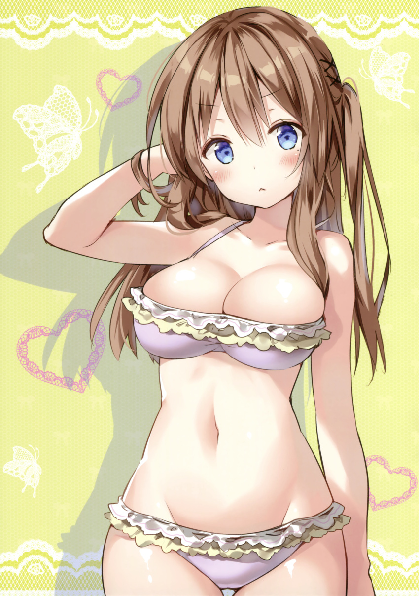 &gt;:&lt; 1girl :&lt; absurdres arm_at_side arm_up bangs bare_shoulders bikini blue_eyes blush breasts brown_hair butterfly cleavage closed_mouth collarbone cowboy_shot eyebrows_visible_through_hair frilled_bikini frills hair_ornament hand_in_hair head_tilt heart highres large_breasts lavender_bikini long_hair looking_at_viewer navel one_side_up riichu scan shade solo standing stomach straight_hair swimsuit tareme thigh_gap underwear x_hair_ornament