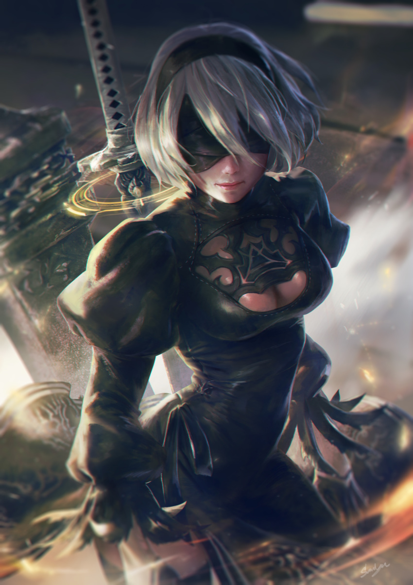 1girl absurdres arms_at_sides black_dress black_gloves black_hairband black_legwear black_ribbon blindfold breasts chains cleavage cleavage_cutout closed_mouth covered_eyes dress gloves greatsword hairband highres huge_weapon juliet_sleeves katana lips long_sleeves medium_breasts nier_(series) nier_automata no_mole nose pink_lips puffy_sleeves ribbed_dress ribbon sariya_asavametha short_dress short_hair side_slit signature silver_hair solo standing sword thigh-highs turtleneck vambraces weapon weapon_on_back yorha_no._2_type_b