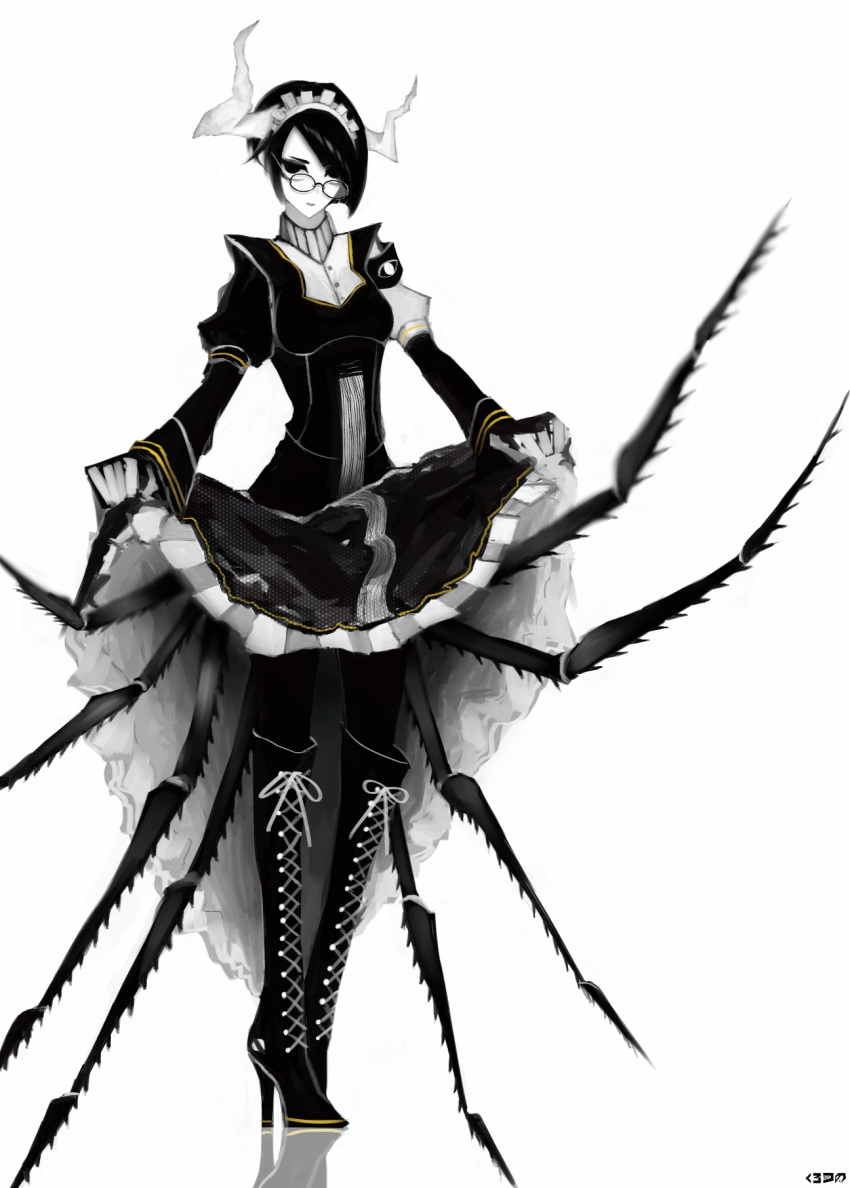 1girl armband black_boots black_dress black_hair boots buttons cross-laced_footwear dress full_body glasses greyscale hair_over_one_eye high_heel_boots high_heels highres horns insect insect_girl kurotuno long_sleeves looking_at_viewer maid_headdress monochrome monster_girl original pale_skin pantyhose parted_lips puffy_long_sleeves puffy_sleeves reflection reflective_floor short_hair signature simple_background skirt skirt_lift solo spot_color standing thigh-highs thigh_boots white_background
