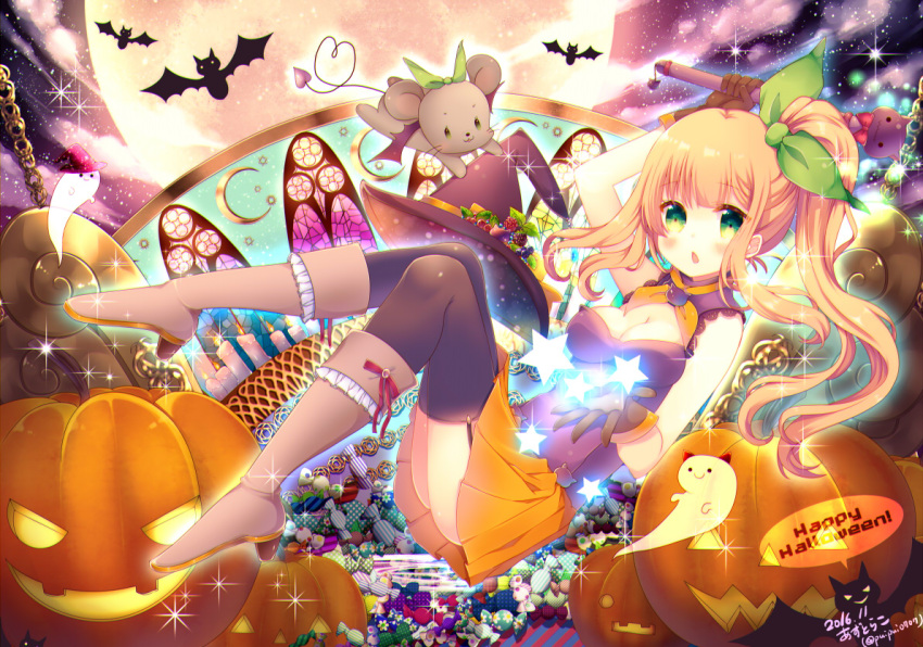 1girl artist_name azu_torako bangs bat black_legwear blonde_hair blush boots breasts brown_boots brown_gloves candy chestnut_mouth cleavage corset dated eyebrows_visible_through_hair food full_body full_moon garter_straps ghost gloves green_eyes green_ribbon hair_ribbon halloween hand_up happy_halloween hat hat_removed headwear_removed heart high_heel_boots high_heels holding holding_wand jack-o'-lantern knee_boots long_hair looking_at_viewer lying medium_breasts moon mouse on_back open_mouth orange_skirt original pleated_skirt pumpkin ribbon side_ponytail signature skirt solo speech_bubble thigh-highs twitter_username wand witch_hat